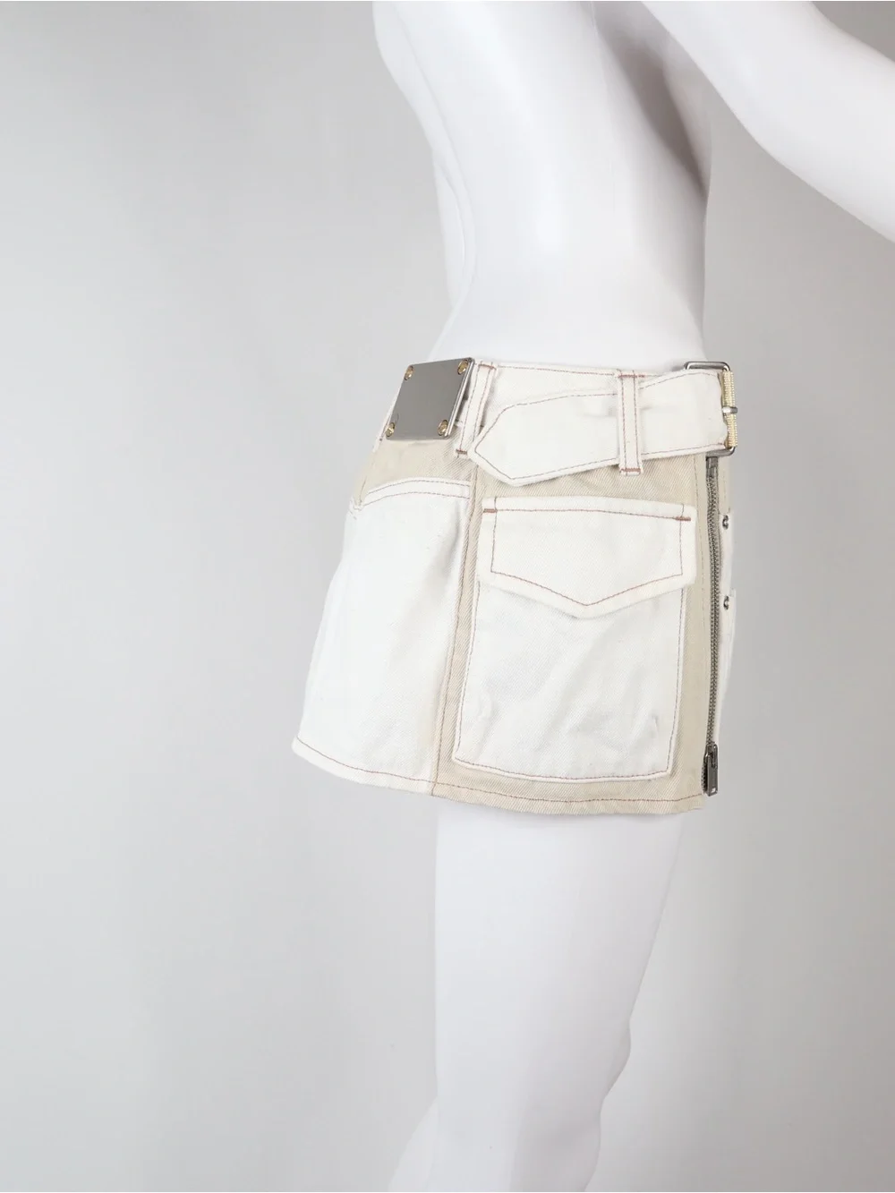 DION LEE | Beige & White Denim Mini Skirt | Size 4